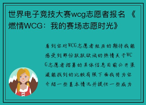 世界电子竞技大赛wcg志愿者报名 《燃情WCG：我的赛场志愿时光》